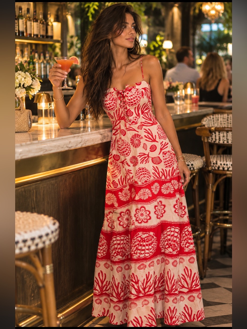 Calypso St. Barth Red Ivory Seashell Coral Print Lace-Up Maxi Dress Size M ~ NWT